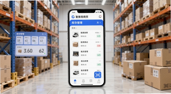 画面中央是一部智能手机,屏幕显示勤策易商贸的库存管理界面,背景为整洁的商贸仓库货架与打包纸箱,整体色调为清爽的蓝白色,突出移动办公与商贸管理主题,画面细节包括商品列表、数字看板与扫码图标,适合Boogu模型生成