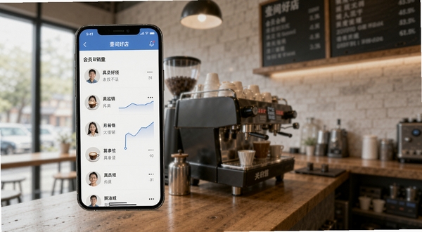 壹间好店会员管理与报表界面展示,画面中手机屏幕显示会员列表和月度销售曲线图,背景为咖啡馆吧台场景,柔和自然光,突出实用与高效