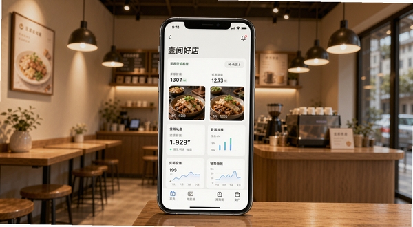 壹间好店应用主界面整体展示,画面中央为手机屏幕显示店铺经营数据看板,背景为温馨的实体店铺内景,暖色调灯光,简洁现代风格,突出移动端管理工具的便捷感