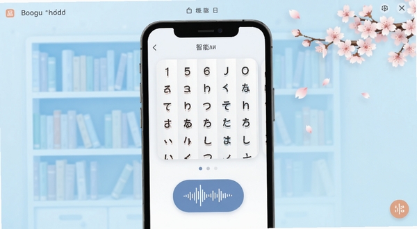 日语智能口语软件主界面全貌,画面中央展示手机屏幕内五十音图学习卡片与语音波形图标,背景区域为浅蓝色渐变书架与樱花飘落元素,整体风格清新明亮,适配Boogu模型生成