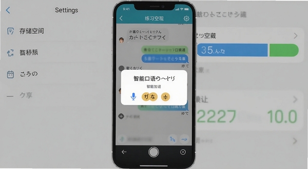 日语智能口语移动端操作界面截图,画面展示手机屏幕内对话练习页面与麦克风权限弹窗,背景为简洁的灰色设置菜单与存储空间条,适配Boogu模型生成