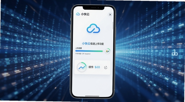 小快云极速上传功能界面,手机屏幕显示上传进度条与分片续传状态,背景为流动的数据光带,体现快速传输的科技氛围,画面中包含小快云标识