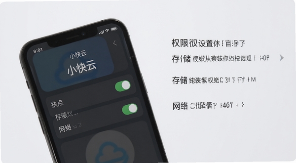 小快云安装权限设置界面示意图,手机屏幕显示应用权限管理页面,背景为柔和的浅灰色,画面清晰展示存储与网络权限开关,包含小快云文字