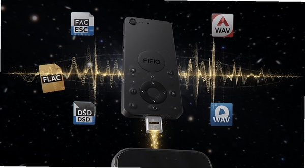 FIIO Music 播放器悬浮于深空背景中,周围环绕着 FLAC、DSD、WAV 等格式图标,中央声波化作金色粒子流汇入手机接口,画面带轻微科技光效,强调无损解码与格式兼容性