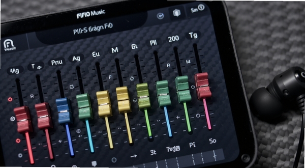 FIIO Music 均衡器界面特写,十根彩色推子呈弧形排列,背景为暗色碳纤维纹理,屏幕边缘有飞傲品牌标识,画面右侧露出半只入耳式监听耳机,突出专业调音氛围