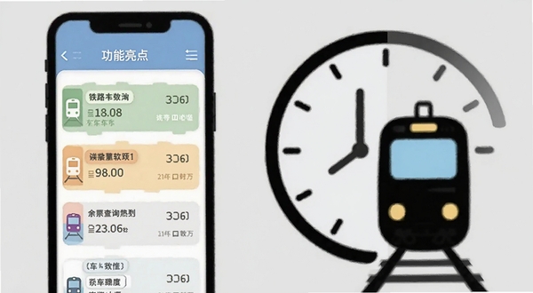 铁路火车余票购票查询软件功能亮点示意图,画面左侧为手机展示车次列表,右侧为列车与时钟图标组合,背景为浅灰色,整体风格简约扁平化