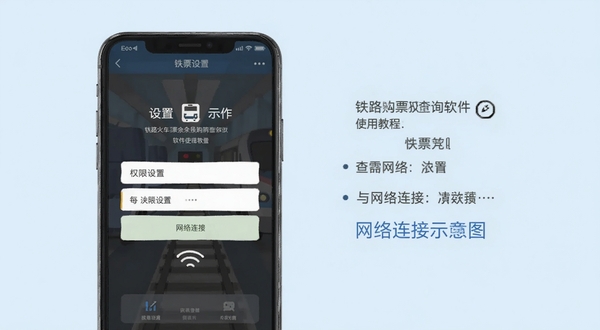 铁路火车余票购票查询软件使用教程示意图,画面为手机屏幕展示权限设置与网络连接界面,背景为淡蓝色,风格简洁明了