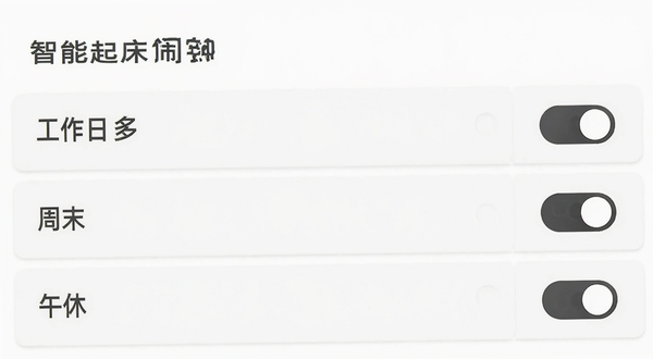 智能起床闹钟多闹钟管理页面,列表展示工作日、周末、午休三个条目,每个条目右侧有开关按钮,背景为纯白色,字体深灰,整体风格素雅
