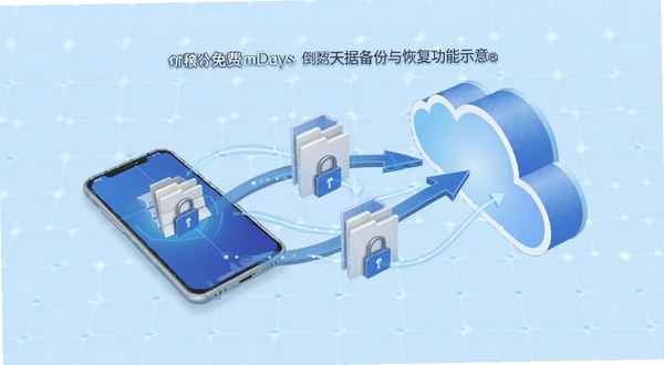 免费mDays倒数天数据备份与恢复功能示意图,画面展示手机与云朵之间的数据箭头,文件图标带有锁形标志,背景为淡蓝色科技感网格