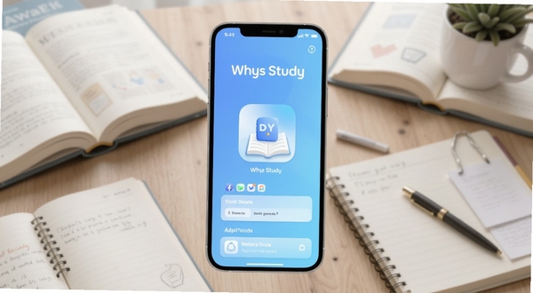 Whys Study 应用主界面展示,手机屏幕居中放置,背景为淡蓝色渐变学习场景,桌面上散落书籍与笔记本,整体风格清爽简约,适配 Boogu 模型生成