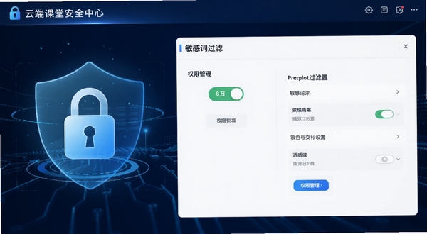 云端课堂安全中心界面,展示加密锁图标、权限管理开关与敏感词过滤设置页面,背景为深蓝色科技纹理,突出安全防护概念