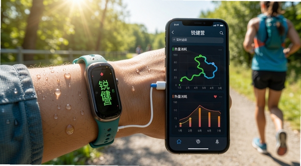 锐健营 运动数据实时追踪 手机界面展示跑步轨迹与热量消耗图表 运动手环与手机连接 户外运动场景 阳光明媚 高清细节