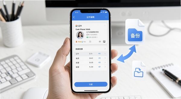 证件卡包信息编辑与备份功能示意,画面主体为手机屏幕显示卡片编辑界面,旁边漂浮着备份文件图标与数据迁移箭头,背景为白色简洁工作台环境,突出证件卡包数据管理便捷性