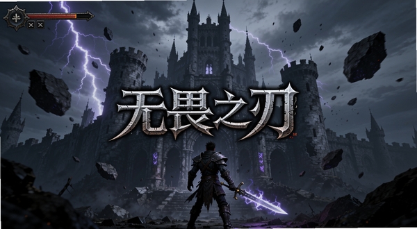 暗黑奇幻风格动作游戏界面截图,主角手持发光长剑站立在废墟城堡前,背景有紫色闪电与漂浮碎石,画面中央显示无畏之刃游戏LOGO,整体色调冷峻,细节丰富,适合作为游戏宣传图