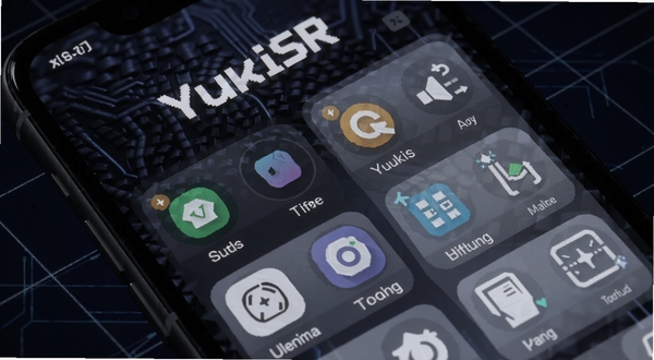 YuukiSR 功能面板特写,手机屏幕展示快捷操作与信息整合界面,图标排列整齐,背景为深色科技纹理,光线柔和,突出软件名称 YuukiSR,画面主体为手机与界面细节,背景区域为暗色渐变与网格线条