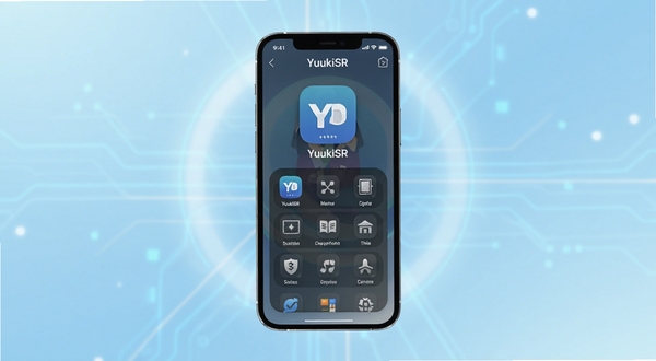 YuukiSR 软件主界面展示,手机屏幕居中显示应用图标与功能面板,背景为淡蓝色渐变科技感光效,整体风格简洁清爽,适配 Boogu 模型生成,画面主体为手机设备与软件界面,背景区域为柔和光晕与几何线条