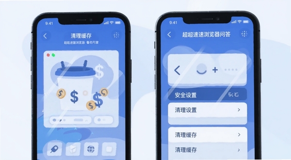 超速浏览器 问答 安全设置 清理缓存 手机界面 扁平插画 蓝色调 简洁