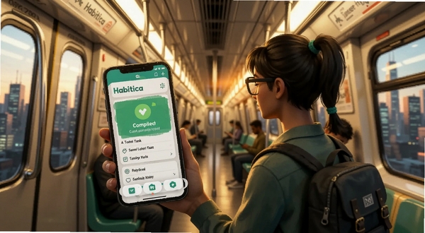 Habitica移动端使用场景示意图,展示用户在地铁上打卡习惯任务,手机屏幕显示任务完成动画,现代都市背景,温暖光线