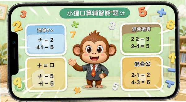 С�ɿ��㸨�����ܳ�����棬����չʾ�ֻ���Ļ����ʾ��ͬ�ѶȵĿ�����Ŀ��Ƭ�����Ϊ�򵥼Ӽ������Ҳ�Ϊ������㣬�м��п�ͨ������ʦ����ָ��������Ϊ��͵�ǳ��ɫѧϰ��������Ļ��ΧƯ�������ֺ�������ţ���������ƥ������Ի����⹦��