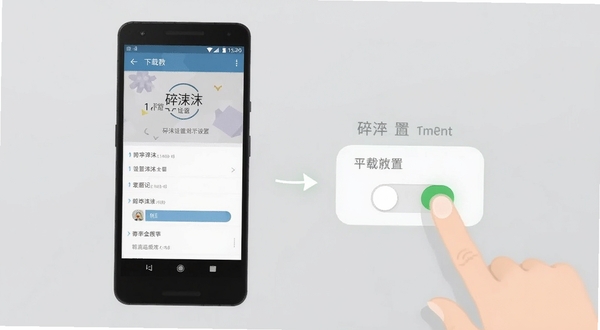 碎沫使用教程示意图,画面为一部安卓手机展示碎沫下载设置界面,旁边有手指点击权限开关的动画示意,背景为柔和浅灰色,风格简洁教学图