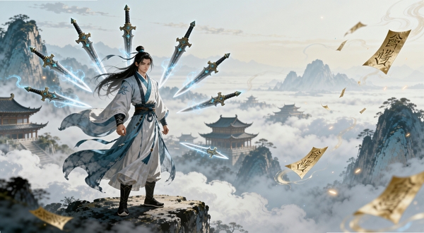 画面中央一位身着青白道袍的修仙者立于云海山巅,背后悬浮着数把灵光流转的飞剑,远处层叠的仙山楼阁隐现于霞光之中,整体采用国风水墨与淡彩渲染风格,突出千年寻仙的东方修真意境,横版构图,主体人物位于画面中偏左位置,右侧留白处点缀飘落的灵符与流光,背景区域展现云海与远山,色调以青、白、金为主,画面细节丰富,适合作为游戏宣传横幅