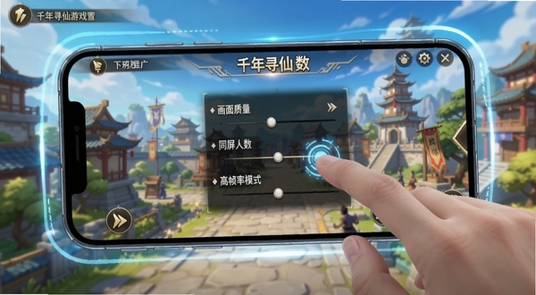 手机屏幕显示千年寻仙游戏设置界面,画面中有画面质量、同屏人数、高帧率模式等选项,一只手正在点击屏幕调整设置,背景为游戏主城场景,整体风格为明亮清新的UI展示,突出移动端操作细节,主体位于画面中央,四周有轻微的科技感光效