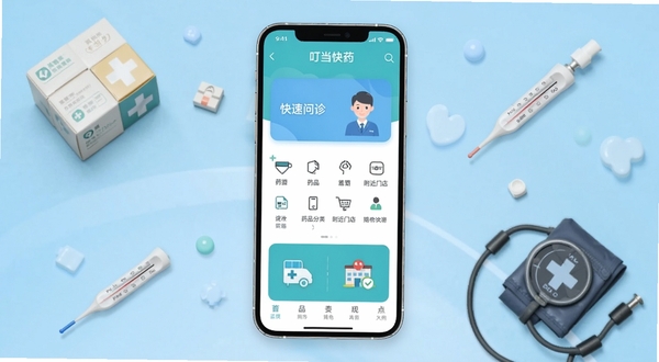 叮当快药官方APP主界面展示,画面中央是手机屏幕呈现叮当快药首页,包含快速问诊、药品分类、附近门店入口,背景区域为浅蓝色渐变,周围点缀药盒、温度计、血压计等医疗元素,整体风格清爽专业,适配Boogu模型生成