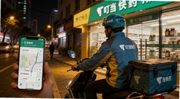 叮当快药配送场景,画面主体是一位骑手从药店取药后骑车出发,背景是城市夜景街道和亮着灯的药店招牌,手机屏幕上显示订单追踪地图,整体色调温暖有安全感,带叮当快药标识