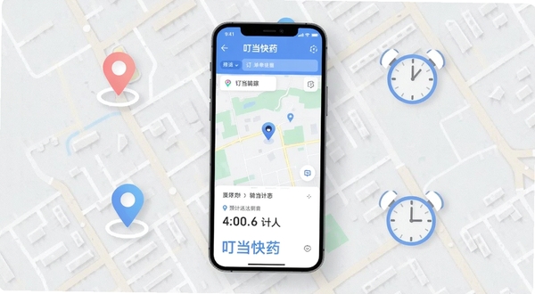 叮当快药订单追踪页面,画面中央是手机屏幕显示骑手位置地图和预计送达倒计时,背景区域是简洁的浅灰纹理,周围有定位图标和时钟元素,整体风格现代清晰
