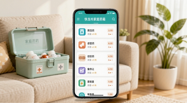 叮当快药家庭药箱功能界面,画面中央是手机屏幕显示家庭药箱列表,包含降压药、感冒药、创可贴等条目和余量提醒,背景区域是温馨的家庭客厅一角,有药箱和绿植,整体风格柔和明亮