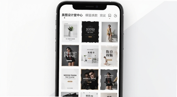 美图设计室模板中心界面截图风格,画面主体为手机屏幕内排列整齐的模板缩略图网格,背景区域为干净的白色与淡灰色搭配,屏幕上方有分类标签栏,整体呈现专业设计工具质感