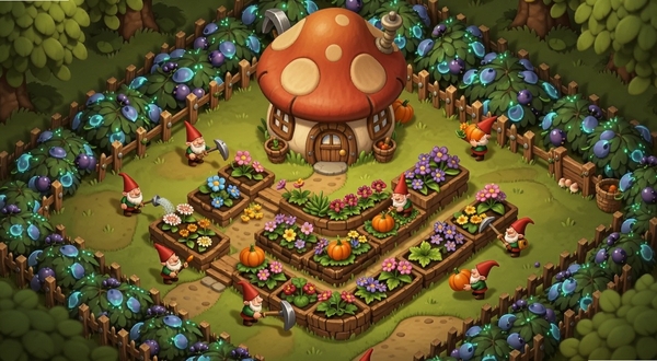 Idle Gnome Garden 放置地精花园全景俯视图,中央是一座圆顶蘑菇屋和三层梯田花圃,周围环绕发光浆果丛与木质篱笆,多个戴着尖顶帽的地精小矮人分别在浇水、采矿、搬运南瓜,画面采用柔和暖色调卡通渲染,整体呈现奇幻森林花园氛围,构图饱满,视角为斜45度俯视
