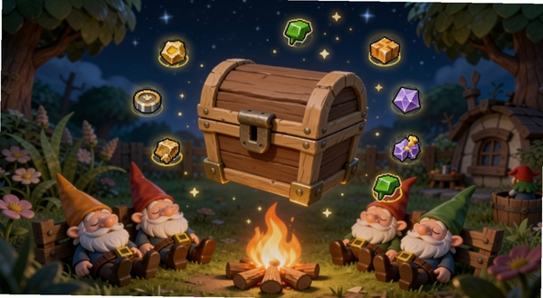 Idle Gnome Garden 离线收益结算界面特写,一个木制宝箱悬浮在花园上空,周围飘散金色光点与各类资源图标,背景是夜晚星空下的地精花园,地精们围坐篝火旁打瞌睡,画面温馨治愈,突出挂机收益概念