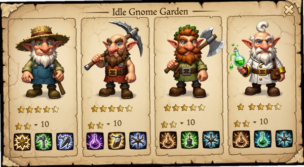Idle Gnome Garden 地精角色图鉴界面,展示六个不同职业的地精立绘,包括戴草帽的农夫地精、扛镐头的矿工地精、拿斧头的伐木地精、穿白袍的炼金地精等,每个角色下方标注星级与技能图标,背景为羊皮纸质感面板,整体呈现收集图鉴风格