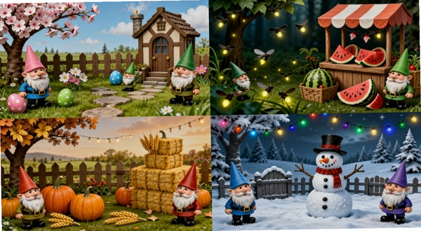 Idle Gnome Garden 四季主题花园对比图,画面分为四个象限分别展示春夏秋冬不同装饰风格的花园景象,春有樱花与彩蛋、夏有萤火虫与西瓜摊、秋有南瓜与麦垛、冬有雪人与彩灯,每个区域都有一两只地精在活动,整体色彩鲜明,突出季节活动丰富性