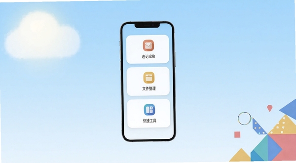 不止于此软件主界面全貌展示,画面中央为手机屏幕悬浮于浅蓝色渐变背景之上,屏幕内呈现简洁卡片式功能入口,包含速记、文件整理、快捷工具三个模块图标,背景区域左上角有柔和的云朵状光晕,右下角点缀几何图形,整体风格清爽扁平化,适配Boogu模型生成