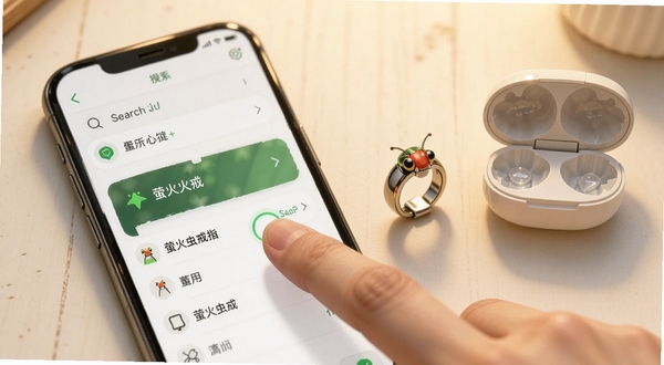 萤火虫戒指蓝牙配对操作示意图,手机屏幕显示搜索到的设备列表,手指正点击萤火虫戒指名称,旁边有戒指实物与充电仓,背景为暖白色桌面,光线明亮柔和,突出操作步骤的直观性