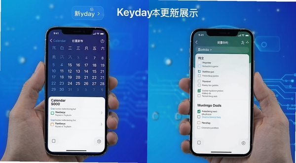 keyday版本更新功能展示,手机屏幕对比新旧界面,日历视图与待办清单,科技感蓝色渐变背景