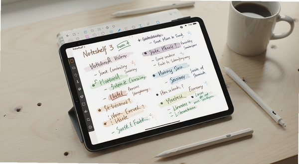 Noteshelf 3 手写笔记软件主界面,画面中心为平板设备展示彩色手写笔记页面,背景为浅色木质桌面,周围散落触控笔与咖啡杯,柔和自然光,高清细节,适配 Boogu 模型生成