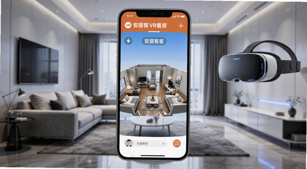 安居客VR看房功能界面,画面中央为手机屏幕内展示的3D户型全景视图,背景区域为现代简约客厅实景与VR眼镜元素,整体科技感十足,安居客VR看房体验