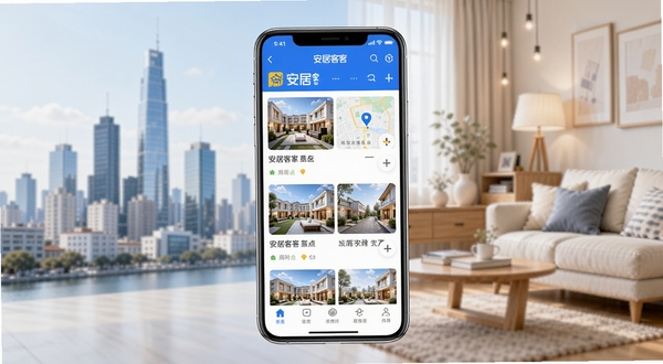 安居客APP官方主界面全貌展示,画面中央为手机屏幕内呈现的房源列表与地图找房功能,背景区域为城市天际线与温馨家居元素融合,整体色调以安居客品牌蓝与白色为主,画面明亮清晰,适配Boogu模型生成,安居客房产信息平台
