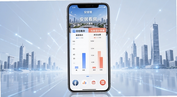 安居客APP最新版本界面更新展示,画面中央为手机屏幕内呈现新版VR看房与房贷计算器对比图表功能,背景为现代科技感光效与城市建筑轮廓,整体风格简洁专业,安居客版本更新