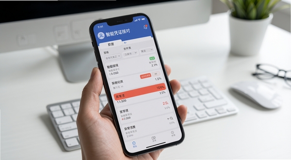 慧稽核 智能凭证核对界面 手机屏幕 数据比对列表 异常项红色标记 简洁办公桌面背景 细节清晰