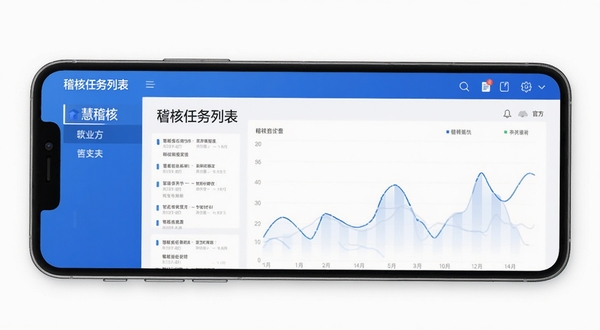 慧稽核 官方 软件主界面 手机端 稽核任务列表 蓝色商务风格 居中构图 白色背景 高清UI展示图