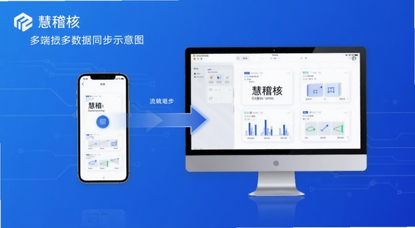 慧稽核 多端数据同步示意图 手机与电脑并列 数据流转箭头 蓝色渐变背景 科技简洁风格