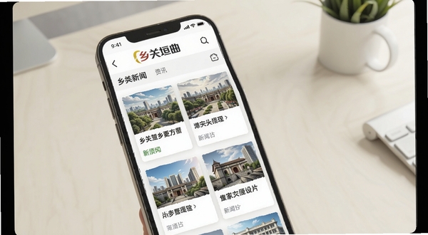乡关垣曲新闻资讯页面展示图,画面主体为手机屏幕显示分类新闻卡片列表,背景区域为简洁的浅色办公桌面,屏幕上有乡关垣曲标识,适配Boogu模型生成