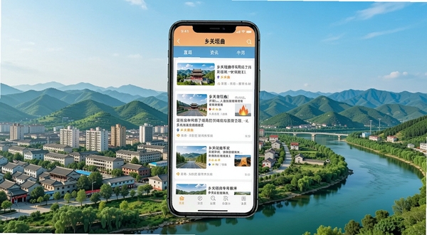 乡关垣曲手机应用主界面截图,画面主体为一部竖屏智能手机,屏幕显示乡关垣曲APP首页新闻资讯列表,背景区域为垣曲县城市远景与青山绿水,整体色调明亮清新,适配Boogu模型生成