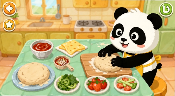 宝宝美食派对游戏内披萨制作界面,画面展示卡通风格的厨房操作台,桌面上摆放着面团、番茄酱、芝士和各类蔬菜配料,熊猫角色正用小手揉面团,背景是温暖的厨房环境,整体色调以橙黄和浅绿为主