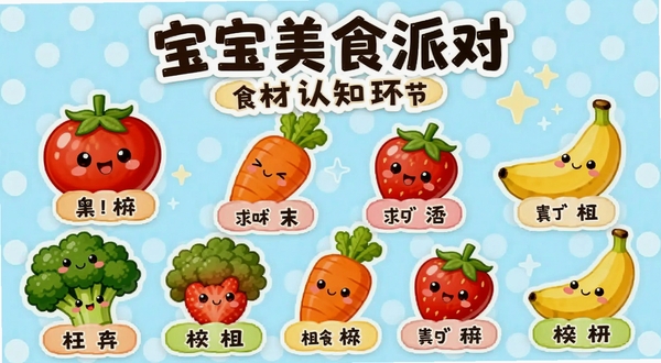 宝宝美食派对食材认知环节展示,画面中呈现多种卡通化的水果蔬菜,如西红柿、西兰花、胡萝卜、草莓、香蕉等,每种食材旁边配有可爱的表情和名称标签,背景为浅蓝色圆点图案,整体风格清新可爱