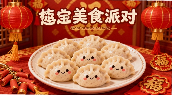 宝宝美食派对春节主题料理展示图,画面中呈现一盘盘卡通风格的饺子,有的饺子带有笑脸表情,周围摆放着红色的灯笼、鞭炮和福字装饰,背景是喜庆的红色与金色搭配,整体充满节日氛围